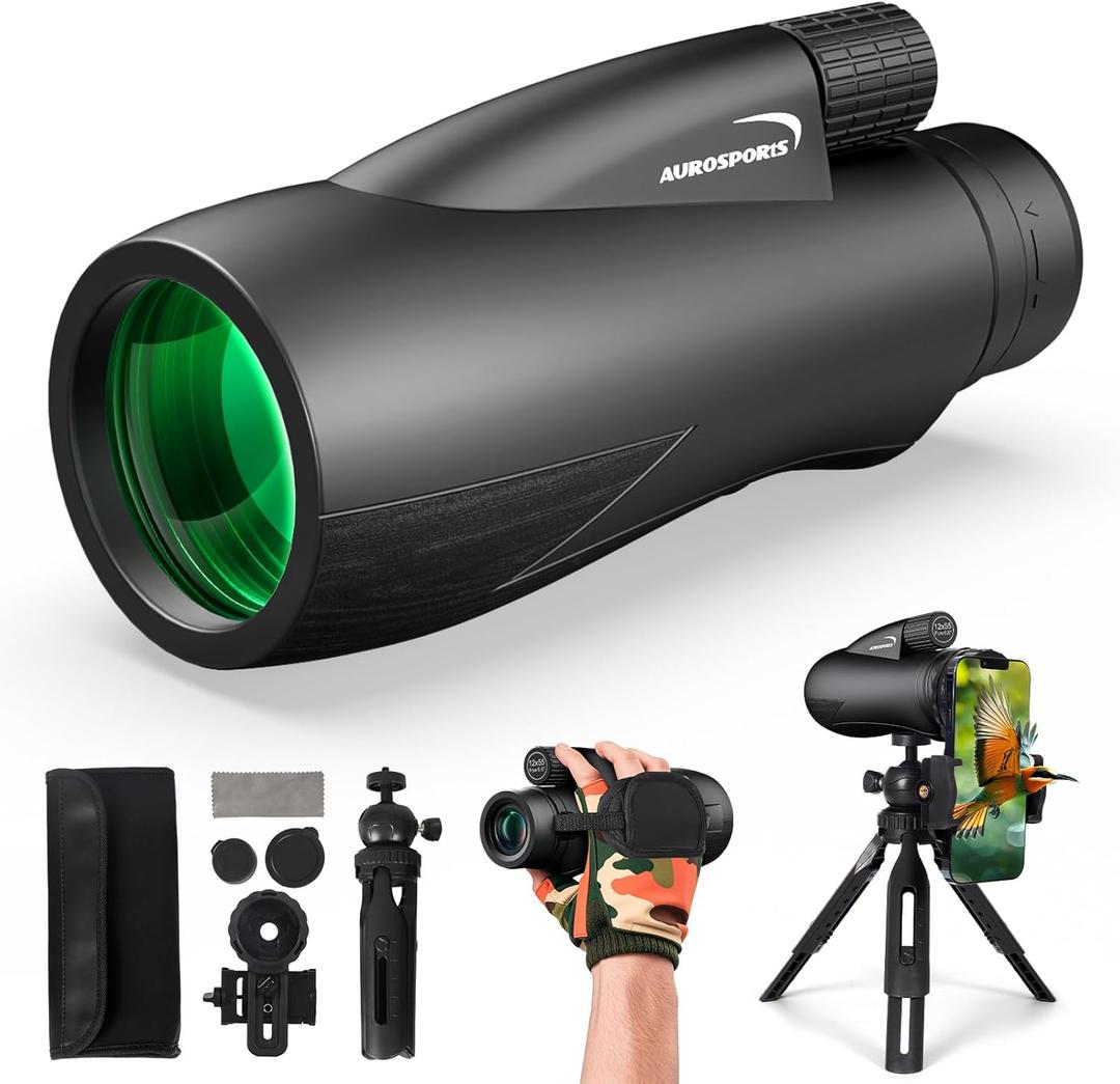 12x55 Monocular for Adults High Power - Aurosports Compact Portable Monoculars for Bird Watching - HD Monoculars with Smartphone Adapter Tripod Camera for Hunting Hiking Camping Wildlife