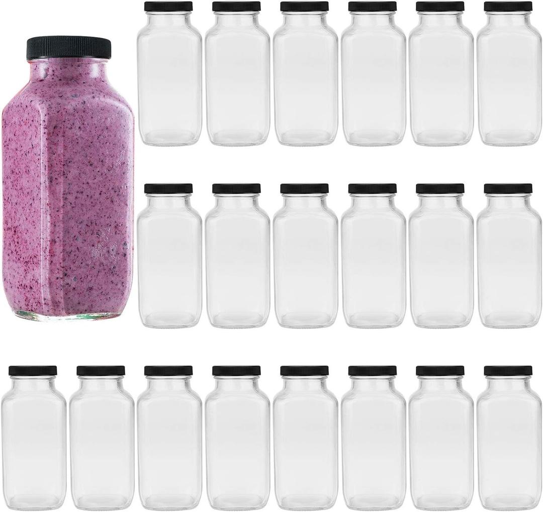 Encheng Beverages Drinking Bottles 12oz,Glass Water Bottle with Lids, Octagonal Vintage 350ml,Juice Bottles for Storage Tea, Kombucha, Milk Smoothies Jars 20Pack (Black)