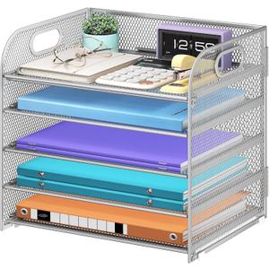 Cawukege 5 Tier Paper Organizer with Handle, Silver Metal Mesh Desk Organizer File Folder Paper Letter Tray Desktop Document Sorter for Classroom, School, Office Accessories Organization and Storage