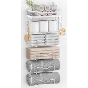 Towel Racks for Bathroom,Towel Rack Wall Mounted, 6 Tier Rolled Or Folded Towel Holder with Floating Shelves, Bathroom Towel Holder for Bath, Hand Towels,Metal,Full White