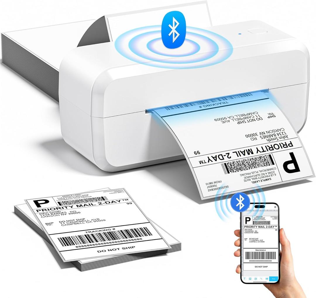 Bluetooth Thermal Label Printer, Shipping Label Printer for 4x6 Shipping Packages & Small Business, Compatible with IOS, Android, Windows and Mac, Widely Used for eBay, Amazon, Shopify, USPS (White)
