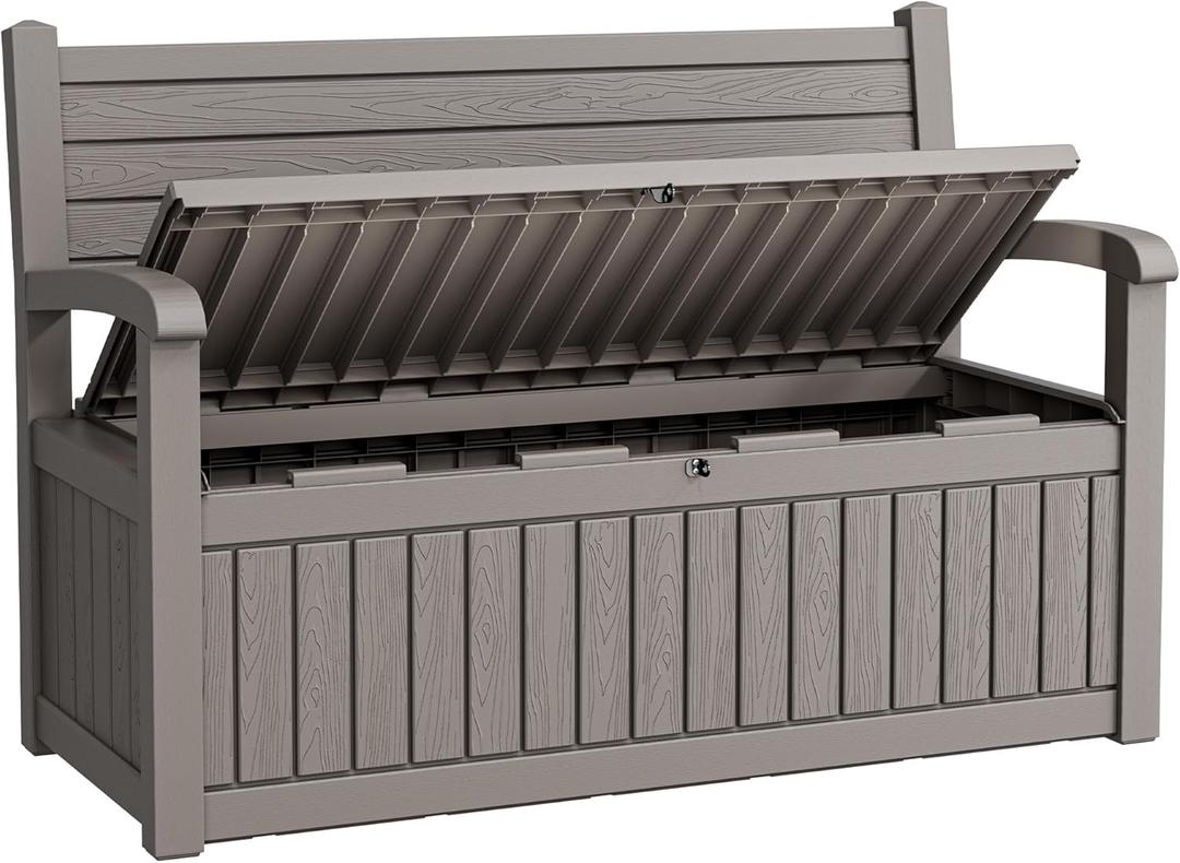 80 Gallon Lockable Deck Bench with Storage, Resin Stripes Outdoor Storage Box, Waterproof Outdoor Porch Bench for Cushions Garden Tools, and Pool Supplies, Grey