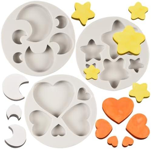 FCKEMLDS Star Fondant Molds Moon Heart Silicone Mold for Baby Shower Cake Decoration Birthday Party Cupcake Topper Chocolate Candy Polymer Clay Gum Paste Set of 6