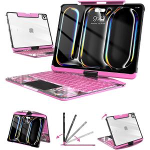 Wireless Keyboard Case for iPad Pro 13" (M5/M4, 2025/2024), Transparent Protective Cover with 7-Color Backlit Keyboard, 360 Rotating Stand, Multi-Touch Trackpad and Pencil Holder, Pink