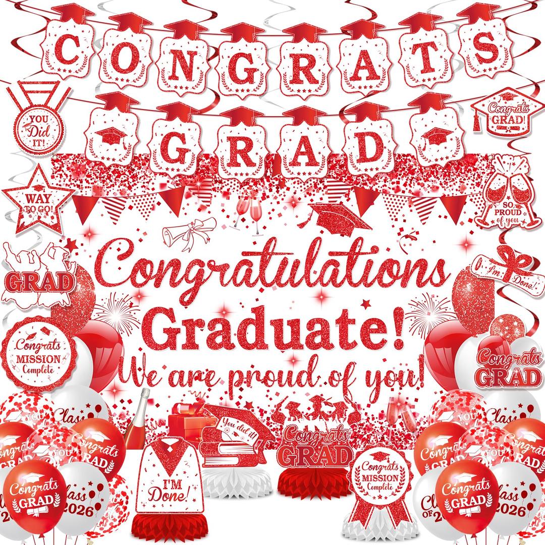 Red White Graduation Decorations Class of 2026 Red and White Graduation Party Supplies Include Congrats Grad Banner Backdrop Congratulations Balloons Hanging Swirl Honeycomb for High School College
