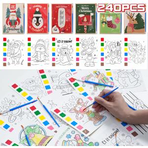Rotu Christmas Party Favors for Kids - Stocking Stuffers for Kids - Christmas Gifts for Kid, Watercolor Coloring Books with Xmas Cards, Xmas Crafts Classroom Prizes Paint Set, 30 Pack(240 PCS)