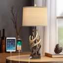 Rustic Farmhouse Table Lamp for Living Room End Table Deer Antler Lamps with USB Ports 28" Tall Western Lamps for Bedroom Cabin Country Lamps for Nightstand, Single, Bulb Not Included