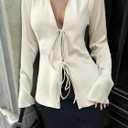 Womens Tie Front Satin Silk Blouse Sexy Deep V Neck Long Sleeve Open Front Club Tops Y2k Going Out Shirts (Beige, XL)