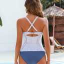 Women's Ruffle Two Piece Swimsuits Tummy Control Tankini V Neck Bathing Suits Modest Swimwear (Blue, XL)