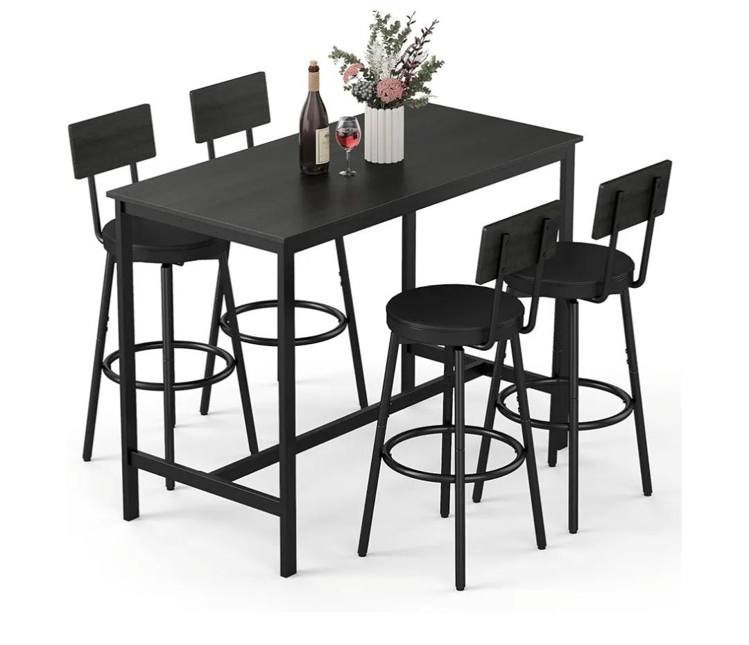Zevemomo 5-Piece Dining Table Set, Bar Table Set for 4, Kitchen Table and Chairs, Counter Height High Top Table with 4 PU Upholstered Stools, Space-Saving Pub Table Sets for Small Space, Black