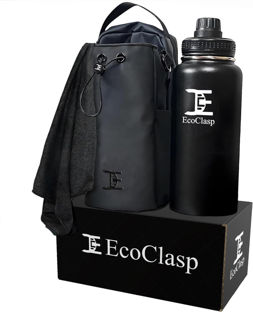 Ecoclasp Magnetic Gym Bag with 5kg Hold Strength, 32oz Insulated Water Bottle & Quick-Dry Towel Set - Phone Mount Ring Men Women (Black Suit)