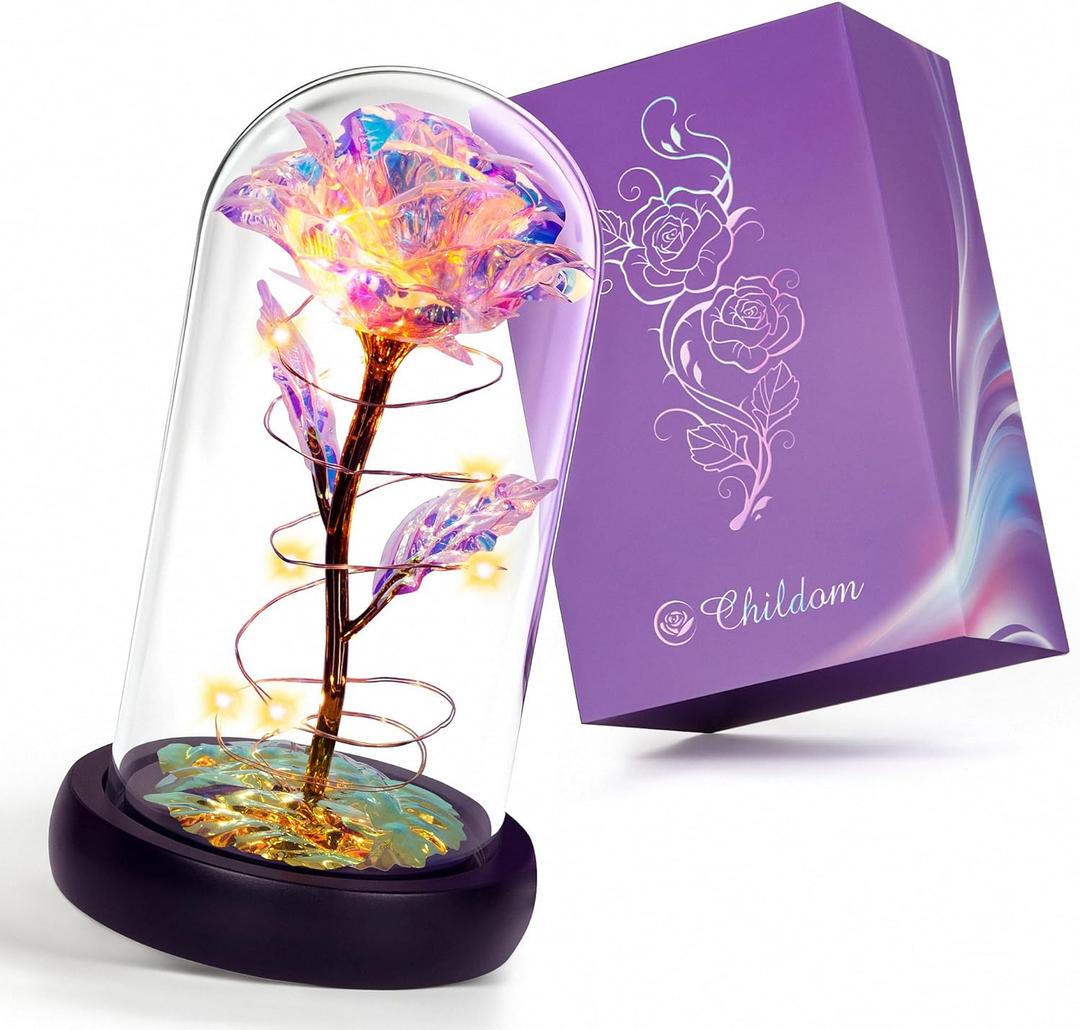 Childom Valentines Gifts for Her,Birthday Gifts for Women,Valentines Day Flowers Gifts for Mom,Women,Her,Wife,Grandma,Light Up Rose in Glass Dome,Colorful Rainbow Mothers Day Flowers for Delivery
