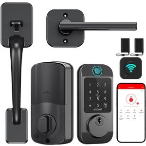 WiFi Front Door Lock Set - Keyless Entry Door Lock Deadbolt with Handle SMONET Fingerprint WiFi Smart Deadbolt, Digital Remote Control Keypad Auto Lockset with Code Fob App Compatible with Alexa Black