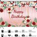 Pink Happy Birthday Backdrop for Women 7x5Ft Pink and Red Rose Birthday Backdrop Banner for Girl 's Party Decorations Banner for 30th 40th 50th Women Polyester Photography Background 7x5Ft
