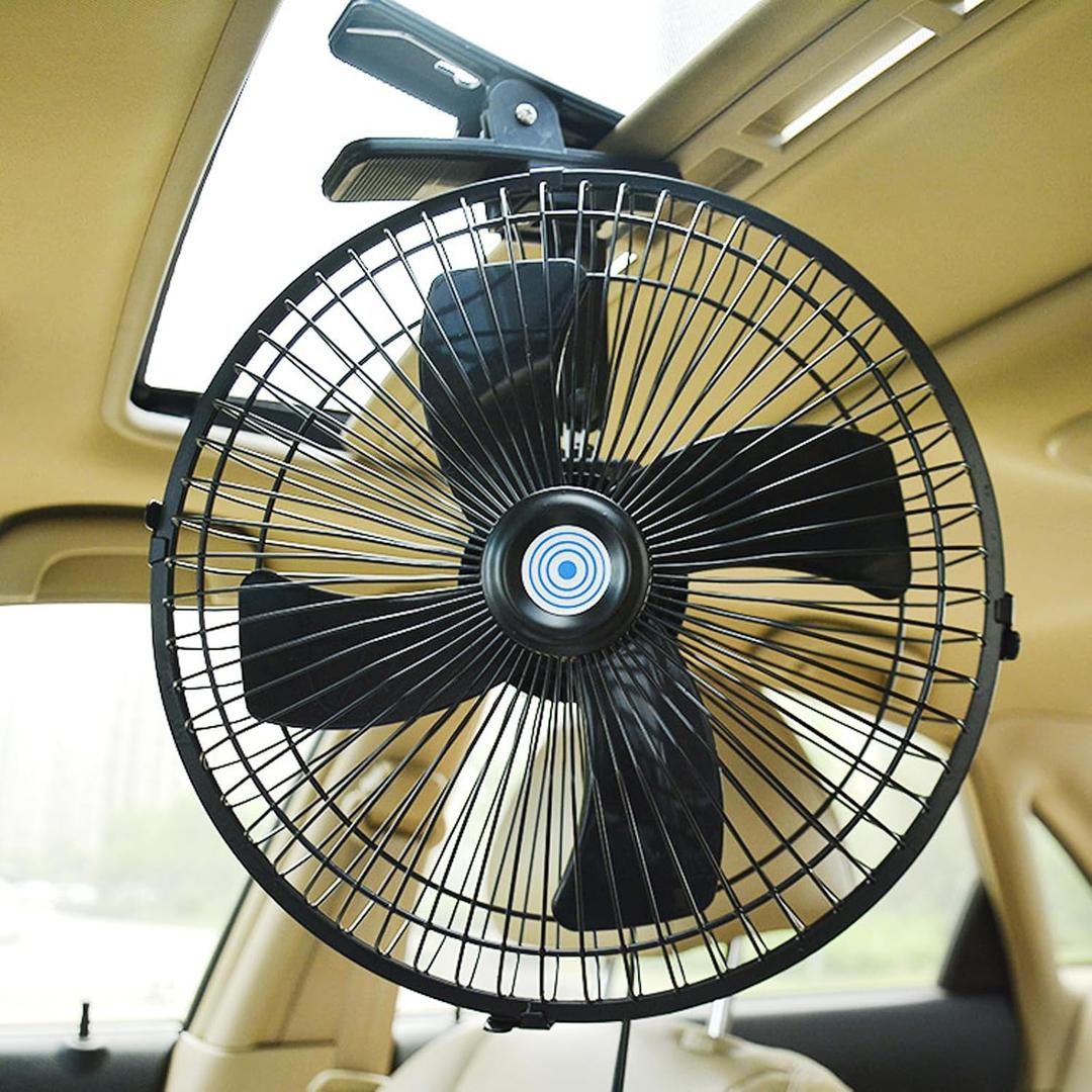 CYDZSW 12v Clip Fan for Car,10 inch Portable 90 Rotation Oscillating 12 Volt DC Desk Fan,2 Speed Car Fans that Blow Cold Air,360 Adjustment Clip on Fans for RV,Truck,SUV and Vehicles(Black)