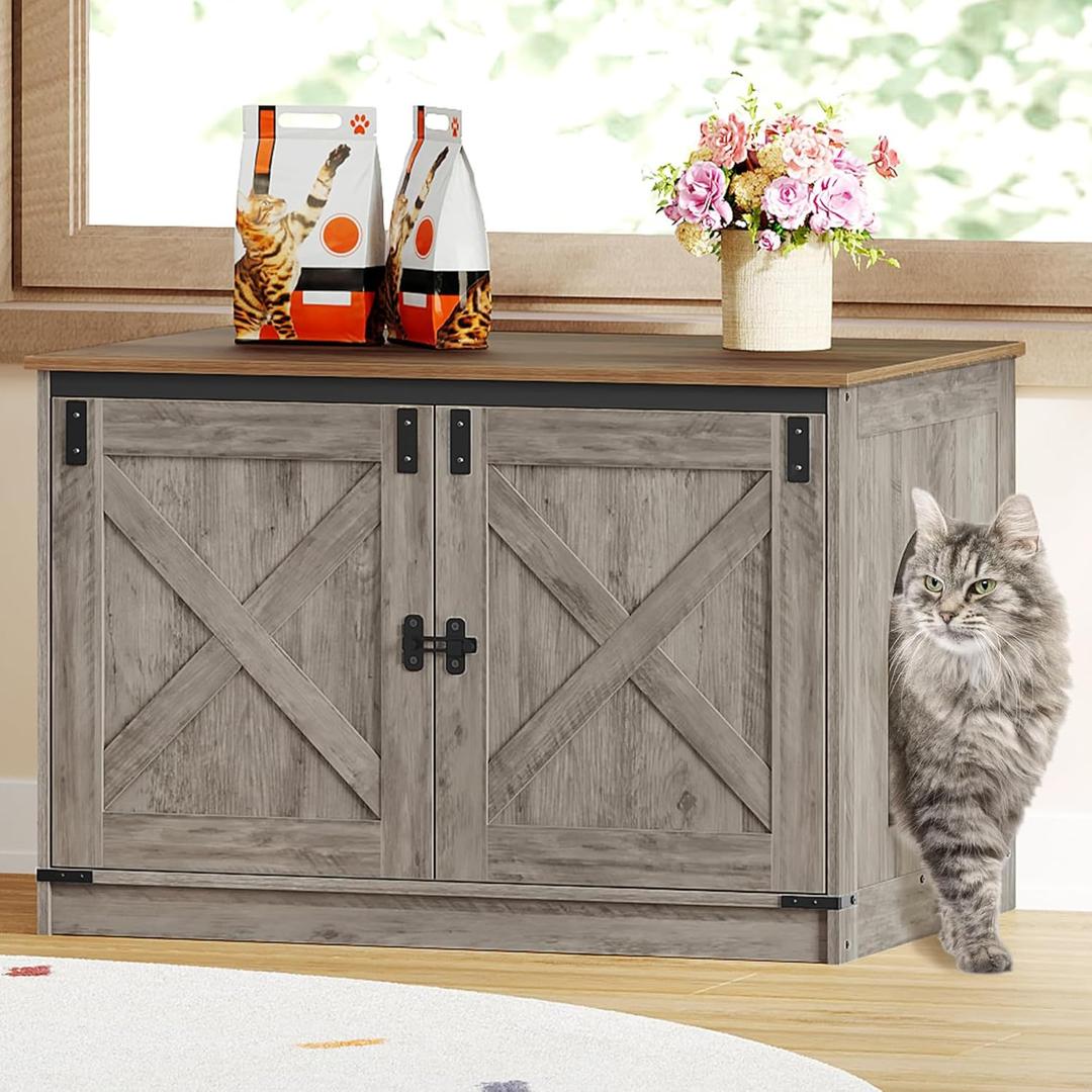 Cat Litter Box Enclosure with Cushion, Hidden Litter Box Furniture with Removable Dividers, Reversible Entrance Left or Right Side, Cat House, Greige CB84605X (Light Ivory and Brown)