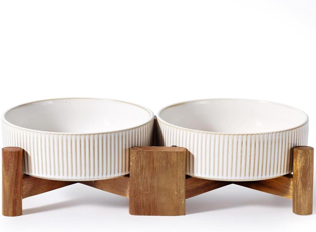 Getstar Elevated Ceramic Dog Cat Bowl Set - 1.8-Cup Raised Feeding Bowls with Non-Slip Wood Stand - Small Pet Dishes for Food and Water - Ideal for Cats and Puppies