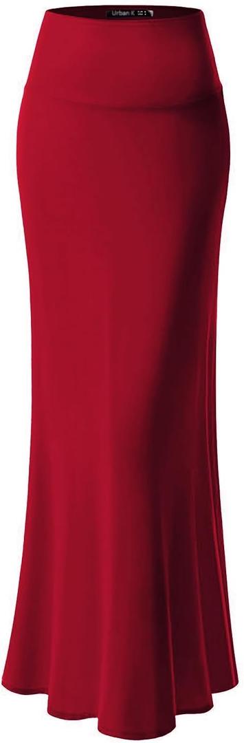 URBAN K Womens Basic Foldable High Waist Regular and Plus Size Maxi Skirts (Large, Burgundy)