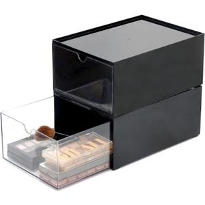 Youngever 2 Pack Stackable Makeup Organizer Drawers, 9" x 6.5" x 4" Cosmetic Storage Organizers (Black)