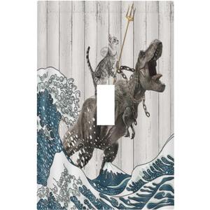 Funny Cat Cool Cat Dinosaur Japanese Sea Waves Wood Single Toggle Light Switch Cover Plate Decorative 1 Gang Wall Plate Cover Electrical Device Switchplate for Farmhouse Bedroom Bathroom Decor