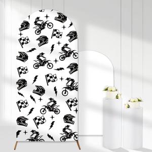Motorcycle Racing Arch Backdrop Cover Black White Dirt Bike Backdrop 6ft Stretchy Spandex Fitted Motocross Arch Stand Cover for Motorcycle Wedding Bridal Shower Baby Shower Birthday Party Decors, 6ft x 6ft
