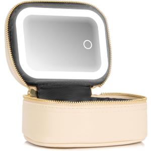 Mini Makeup Bag with Led Mirror,Small Travel Make up Bag 3 Light Modes Adjustable Brightness, for Women Organizer Cosmetic Bag, Portable Travel Train Toiletry Bag, for Pool Parties Work Touch-Ups (Beige)