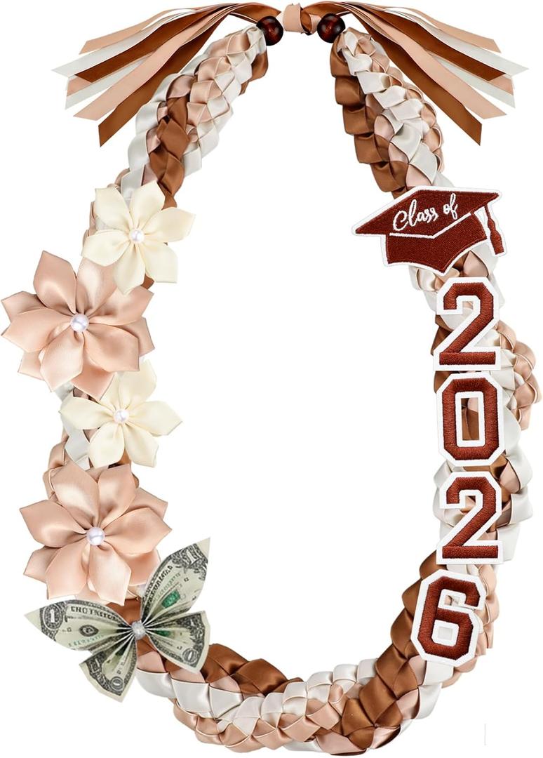 Lyrow 50'' 2026 Graduation Lei Double Braided Strands Graduation Ribbon Leis with 4 Satin Flowers Congrats Graduates Money Leis Class of 2026 Gift for Men Women
