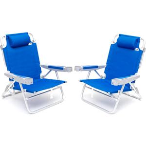SUNNYFEEL Extra Wide 28" Low Beach Chair 2 Pack 5 Position Lay Flat, XL Oversized Portable Folding Camping Chairs with Cup Holder for Outdoor/Trip, Foldable Backpack Beach Chair for Adults (Navy Blue-2set)