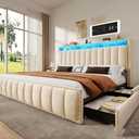 YITAHOME King Size Bed Frame with 4 Storage Drawers and RGB Lights, Velvet Upholstered Platform Bed with Charging Station and Storage Headboard, No Box Spring Needed, Noise-Free, Easy Assembly, Beige