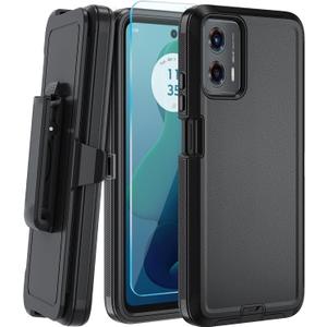 for Moto G 5G 2024/ Moto G Play 5G 2024 Case, with Belt Clip,Tempered Glass Screen Protector, Heavy Duty Shockproof Drop Protective Rugged Tough Durable Phone Cover (Black)