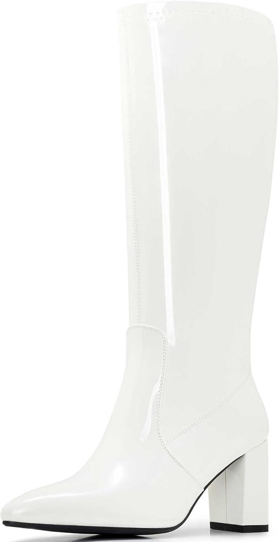 Wide Calf Knee High Boots For Women Plus Size Side Zipper Leather Chunky Heel Boots Heeled Pointed Toe Tall (6 Wide, White/Patent)