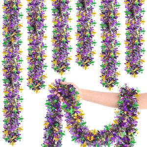 Suncalla 9 Pcs 180 ft Mardi Gras Tinsel Garland Decoration for Outdoor Green Purple Gold Metaliic Mardi Gras for Table Mantle Tree Carnival Party Window Clings Indoor Ornament