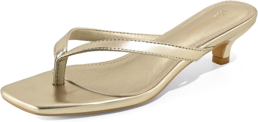GRACESTRIDE Women’s Flip-Flops Kitten Heels Thong Sandals For Women Square Toe Slip On Fashion Summer Dress Sandals(8,Gold)