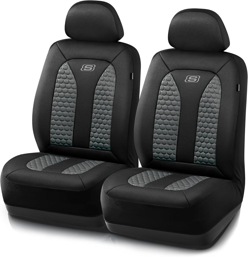Skechers Memory Foam Car Seat Covers, Hexcomb Breathable Thick Seat Covers Two Front Seat Covers, Airbag Compatible, Automotive Comfort & Protection for Most Cars,Van,Trucks, SUVs (Grey)