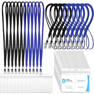 Marspark 100 Sets Clear Name Tags with Lanyard, Lanyards for ID Badges Reusable Strap with ID Holder Plastic Name Badges for Adults Business School Church Conference (Black,Blue)