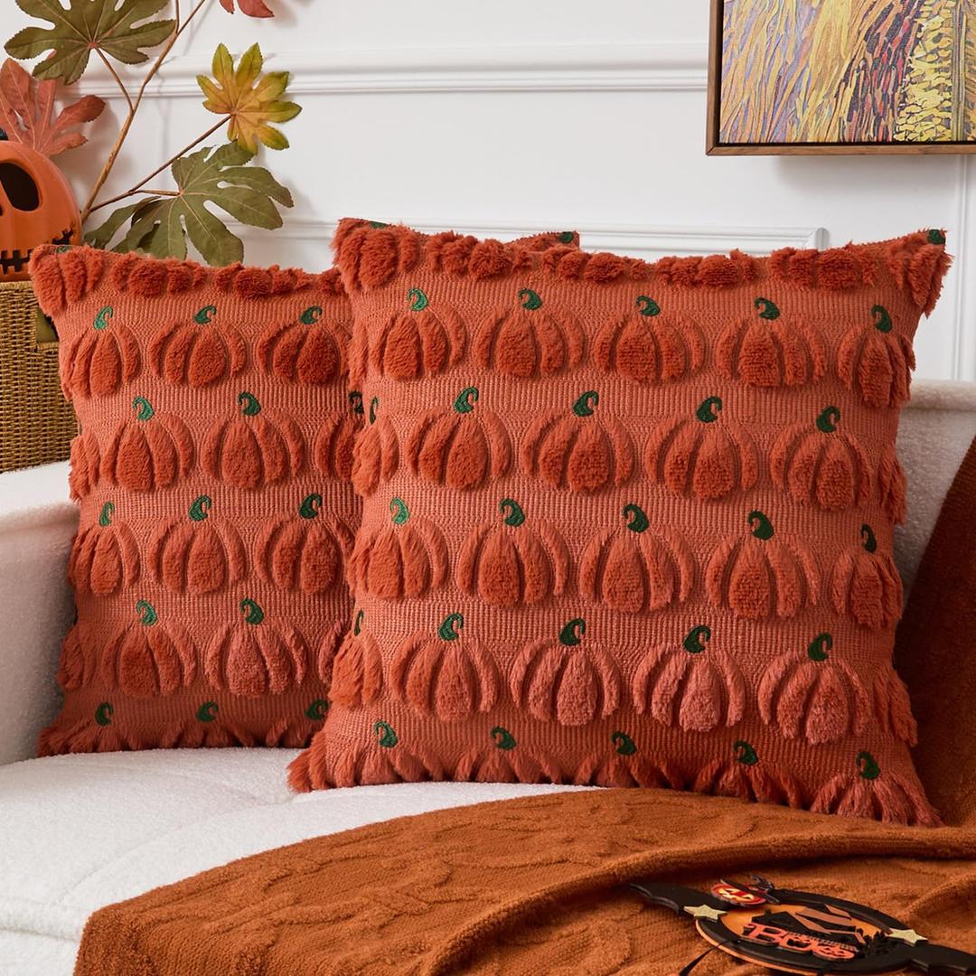 UGASA Fall Pillow Covers 18 x 18 Set of 2 Pumpkin Pattern Embroidery Decorative Throws Pillowcases Autumn Halloween Soft Plush Faux Wool Pillows for Home Couch Sofa Bedroom Chair, Rust