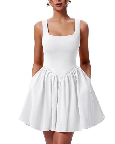 YMDUCH Women's Summer Sleeveless Square Neck A-line Ruffle Hem Mini Tank Dress with Pockets White S