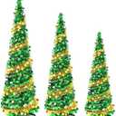 Leyndo 3 Pcs 3, 4, 5 Ft Collapsible Artificial Valentine's and St. Patrick's Day Tree - Pencil Pop Up Tinsel Skinny Green and Gold Sequined Christmas Decoration for Irish Saint Patricks