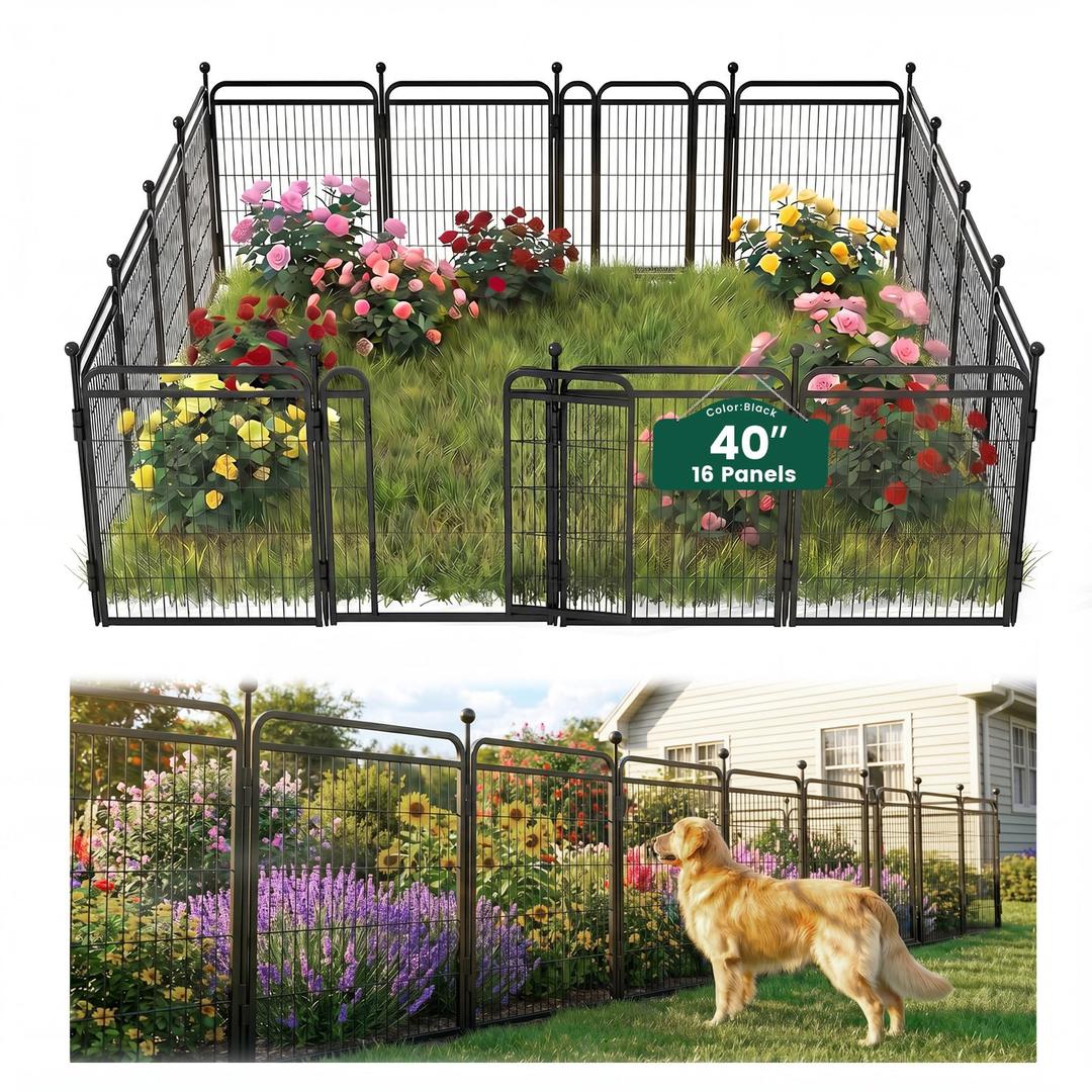 Decorative Garden Fence 40in(H) x52in(L), Thicken 2 Panels Metal No Dig Outdoor Dog Fence for Yard,Heavy Duty Animal Barrier for Dog and Rabbit, Garden Border Fence, Black