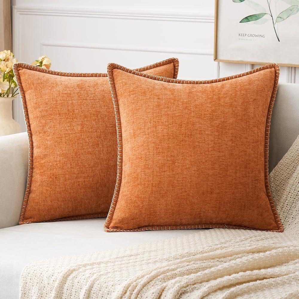 MIULEE Pack of 2 Couch Throw Pillow Covers 18x18 Inch Orange Farmhouse Decorative Pillow Covers with Stitched Edge Soft Chenille Solid Dyed Fall Pillow Covers for Sofa Bed Living Room 