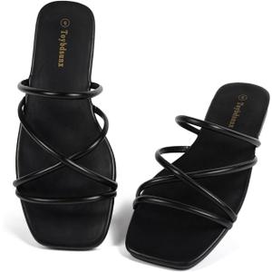 Womens Flat Sandals, Comfortable Square Toe Wide Sandals for Vacation | Comfortable Cushioned Footbed, Non-Slip Outsole and Easy Slip-on Wide Style, Perfect for Walking Everyday Wear (Black)