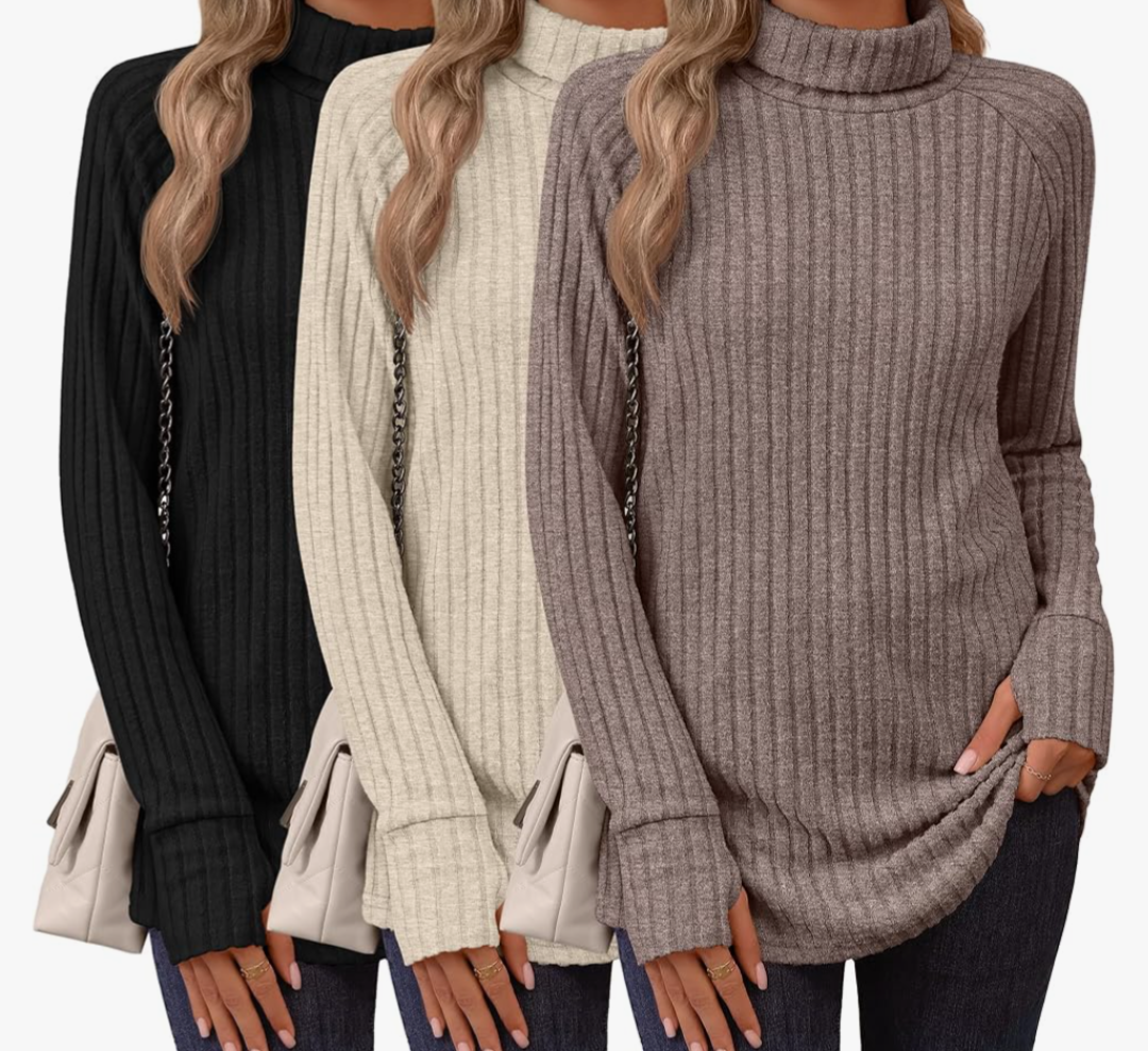 Ficerd 3 Pack Women's Turtleneck Long Sleeve Tunic Sweater Thumbhole, Ribbed Raglan Curved Hem Knit Shirts Loose Fall Winter, XL