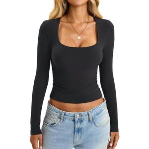 Womens Cotton Tops Long Sleeve T Shirts Square Neck Y2k Tops Slim Fit Going Out Fall Fashion Clothes 2026 (X-Small, Black)