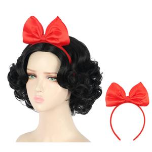 yuehong Short Curly Black Princess Wig Cosplay Synthetic Anime Cosplay Party Hair Wigs With Red Bow