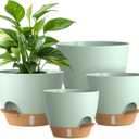 Plant Pots, 4 Pack 12/10/9/8 Inch Self Watering Pots with Drainage Holes, Water Level Indicator Deep Reservoir, Large Planters for Indoor Outdoor Plants - Green Brown