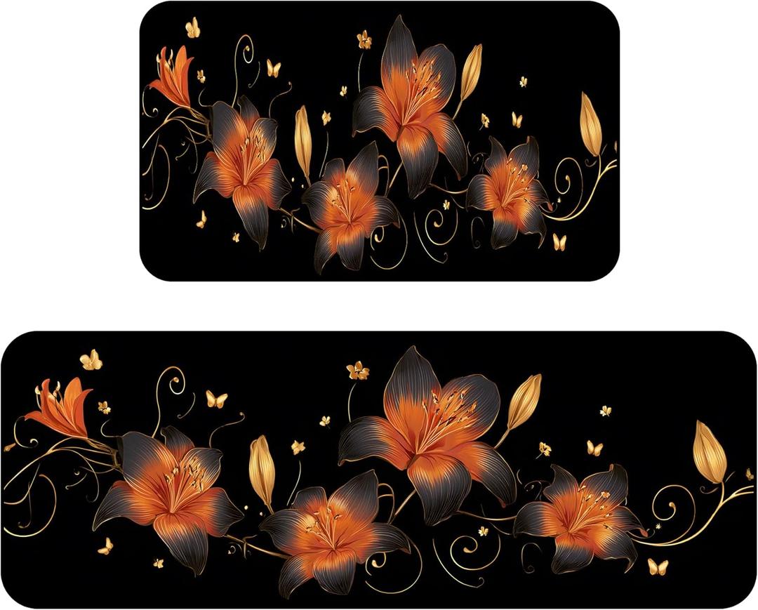 Set of 2 Kitchen Rugs - 17"x47"+17"x30" Kitchen Mats for Floor Washable Non Slip Front Door Mat Floor Rug for Home Kitchen Decorations, Sink, Office, Laundry (Lily)