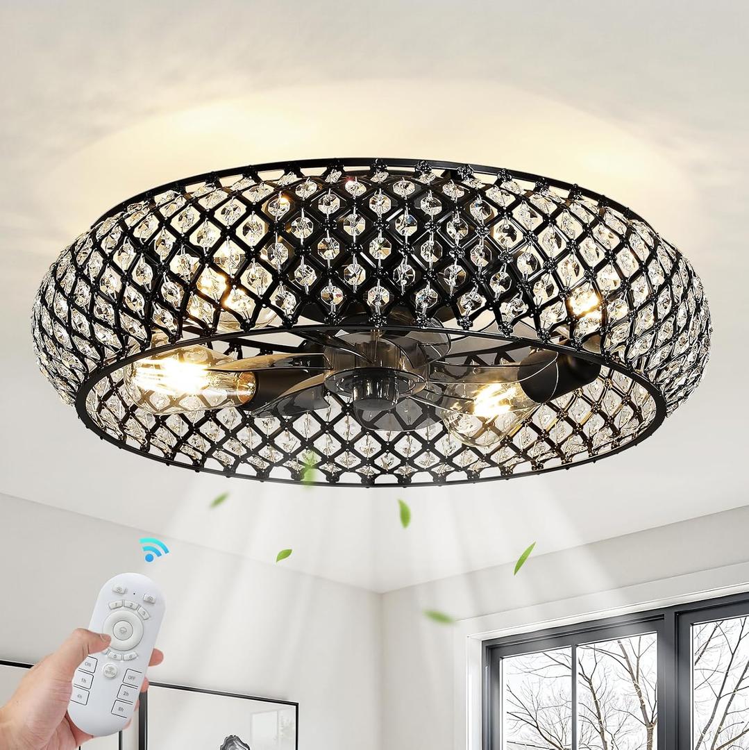 RUIYEY Crystal Ceiling Fans with Lights: 20 inch Remote Low Profile Ceiling Fan,Timer 7 Blades 6 Speeds Quiet DC Reversible E26 4 Light Caged Flush Mount Black Fandelier for kitchen Living Room