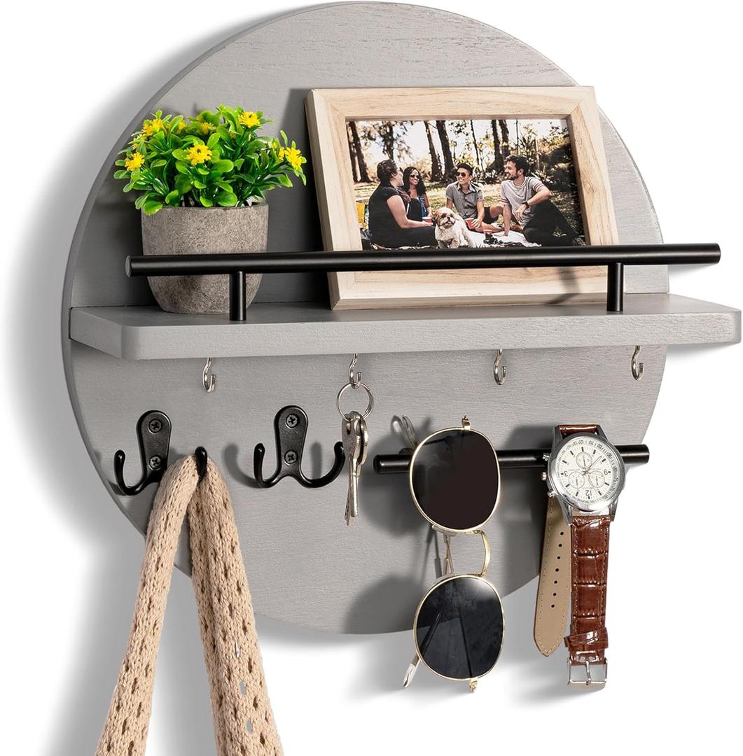 Key Holder for Wall Decorative with Shelf and Hooks, Unique Mail Organizer Wall Mount with Sunglasses Holder, Cute Circular Design Entryway Key Rack Hanger, Rustic Home Decor Boho Wall Decor (grey) (Gray)