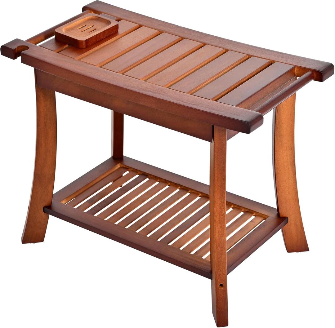 Teak Shower Chair Stool, 24 Inch Shower Bench Seat, Wooden Bathroom Bench with Storage Shelf for Adults, Elderly, Disabled Indoor & Outdoor Use