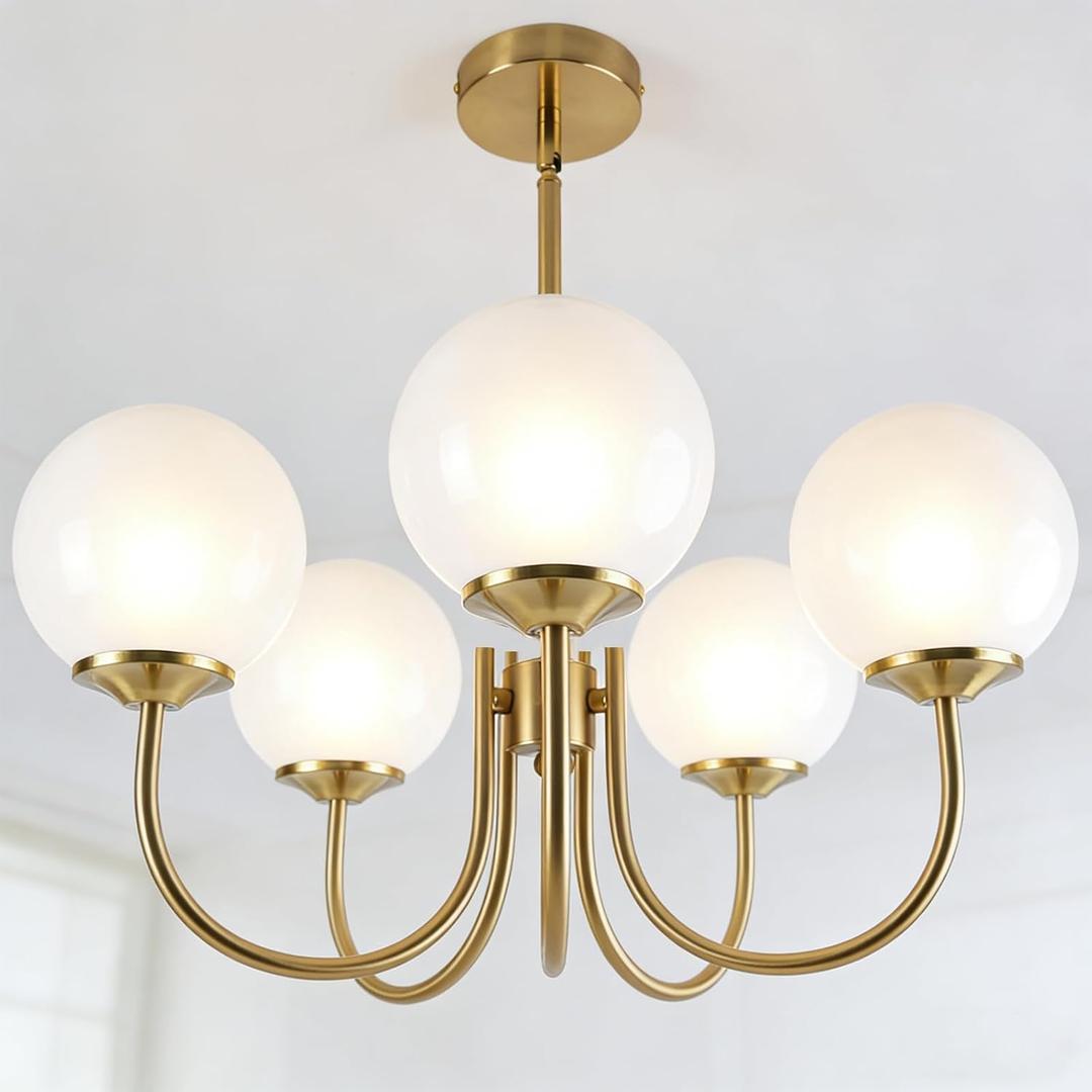 5-Light Mid Century Modern Chandelier, Gold Vintage Milk Glass Globe Chandelier, Brushed Brass Sputnik Chandeliers for Dining Room Kitchen Island, Entryway, Bedroom, Height Adjustable